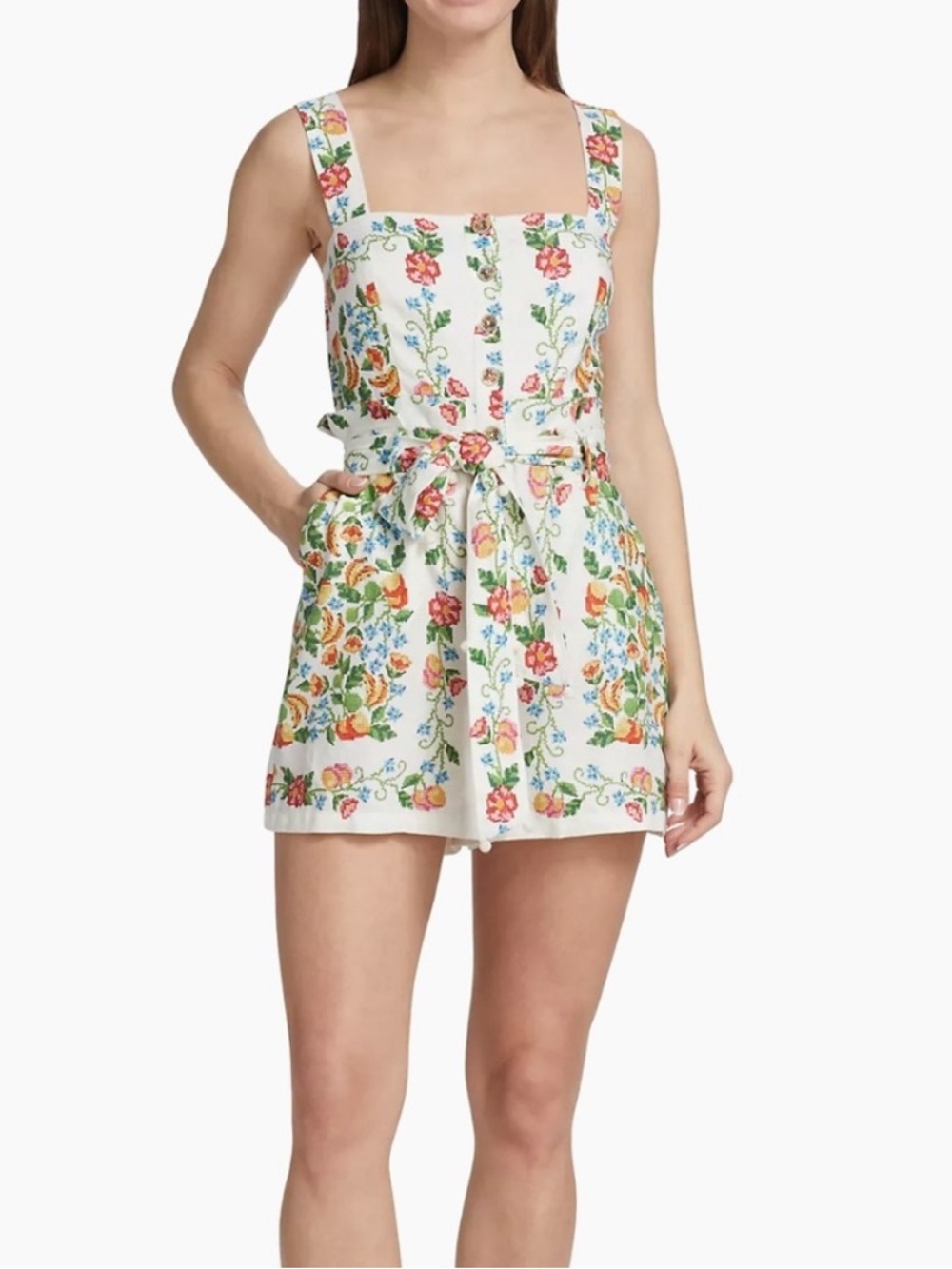 Farm Rio Floral Embroidered White Romper with Button Front